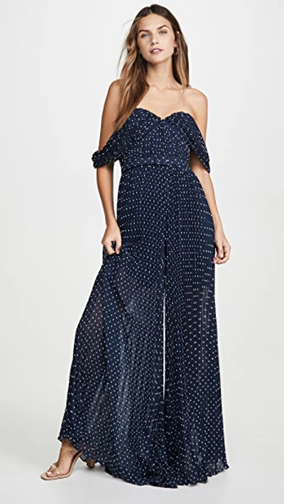 Shop Self-portrait Off Shoulder Pleated Jumpsuit In Navy