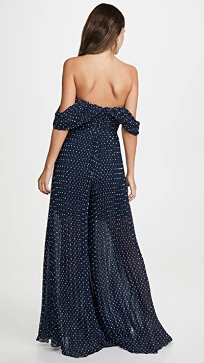 Shop Self-portrait Off Shoulder Pleated Jumpsuit In Navy