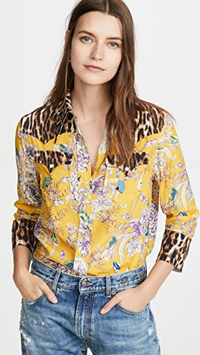 Shop R13 Exaggerated Collar Cowboy Shirt In Mustard Floral With Leopard