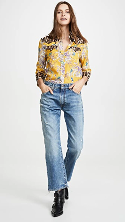 Shop R13 Exaggerated Collar Cowboy Shirt In Mustard Floral With Leopard