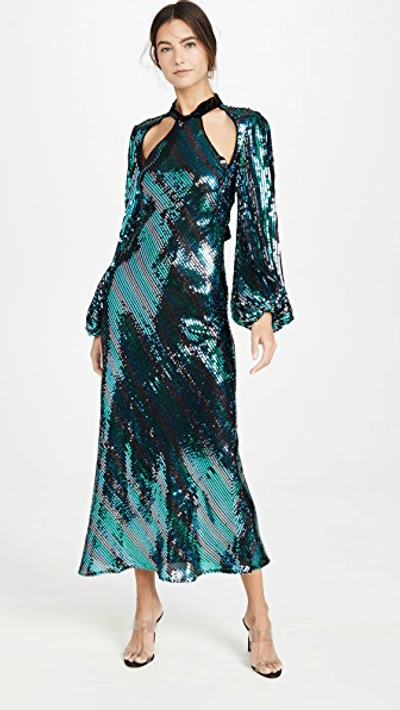 Shop Rixo London Celia Dress In Diagonal Stripe Teal Black Blu