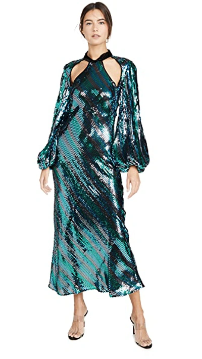 Shop Rixo London Celia Dress In Diagonal Stripe Teal Black Blu
