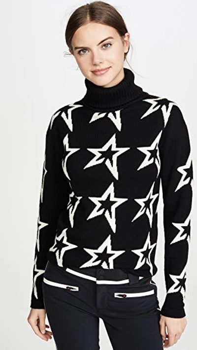 Perfect Moment Star Dust Intarsia Merino Wool Turtleneck Sweater In Black/snow White Star