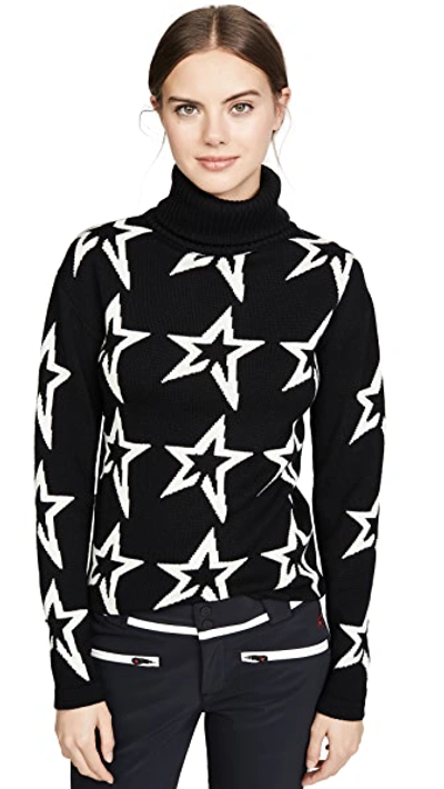 Perfect Moment Star Dust Intarsia Merino Wool Turtleneck Sweater In Black/snow White Star