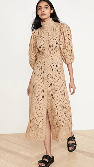 Shop Ganni Broderie Anglaise Dress In Tannin
