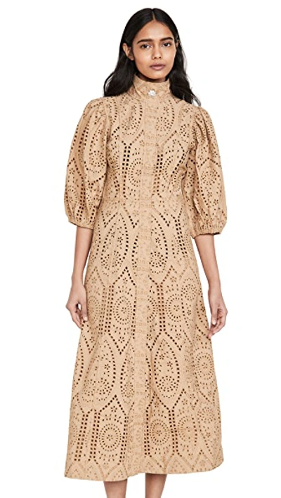 Shop Ganni Broderie Anglaise Dress In Tannin