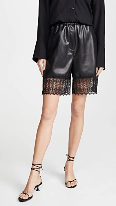 Shop Self-portrait Faux Leather Lace Trim Bermuda Shorts In Black