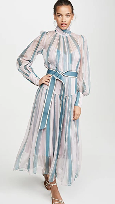 Shop Zimmermann Wavelength Roll Neck Midi Dress In Dusty Pink/teal Stripes