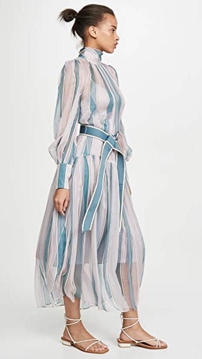 Shop Zimmermann Wavelength Roll Neck Midi Dress In Dusty Pink/teal Stripes