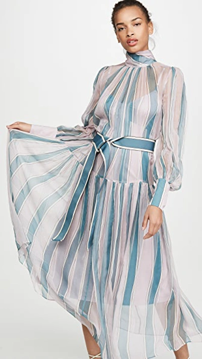 Shop Zimmermann Wavelength Roll Neck Midi Dress In Dusty Pink/teal Stripes