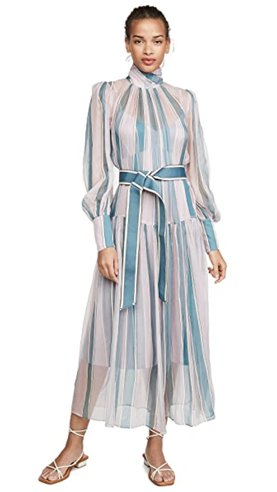 Shop Zimmermann Wavelength Roll Neck Midi Dress In Dusty Pink/teal Stripes