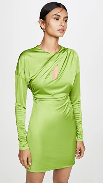 Shop Versace Draped Long Sleeve Mini Dress In Green