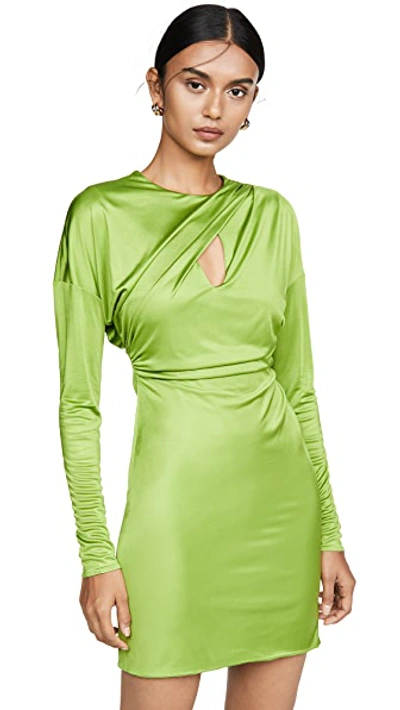 Shop Versace Draped Long Sleeve Mini Dress In Green