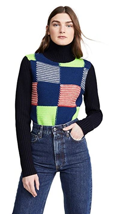 Shop Victoria Beckham Patchwork Polo Neck Sweater In Navy Multi