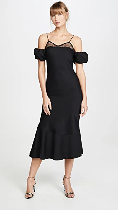 Black Lace & Wool Midi Dress with Puff Sleeves