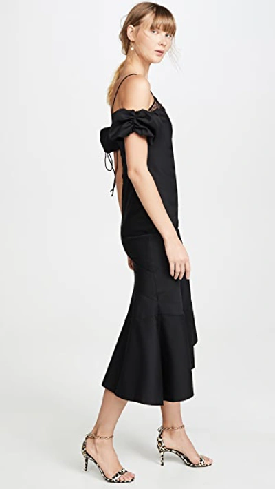 Shop Anais Jourden Black Lace & Wool Midi Dress With Puff Sleeves
