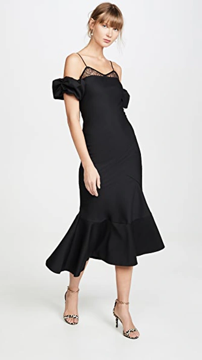 Black Lace & Wool Midi Dress with Puff Sleeves