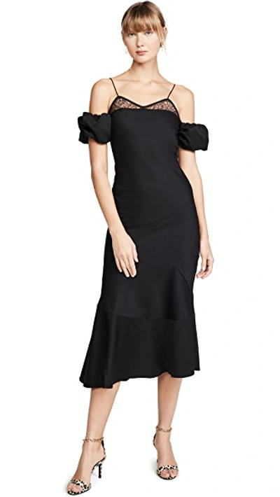 Black Lace & Wool Midi Dress with Puff Sleeves