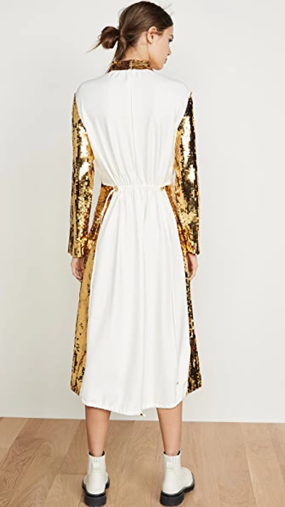 Shop Tibi Split Neck Sequin Dress In Ivory/gold Multi