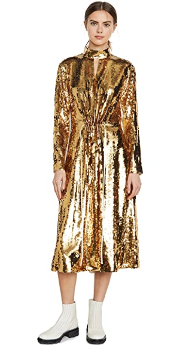 Shop Tibi Split Neck Sequin Dress In Ivory/gold Multi