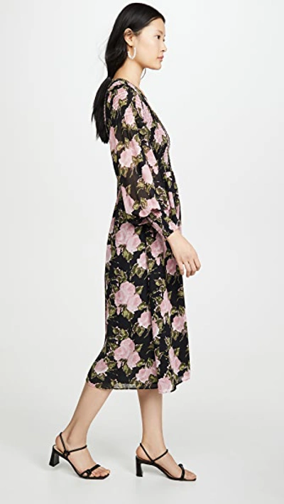 Shop Wayf Crushed Smocked Bodice Midi Dress In Black Roses