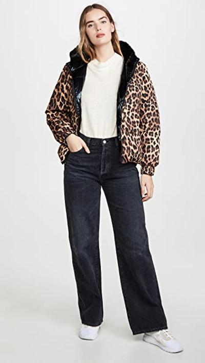 Shop Alice And Olivia Durham Pr Reversible Hooded Puffer Coat In Spotted Leopard Dark Tan/black