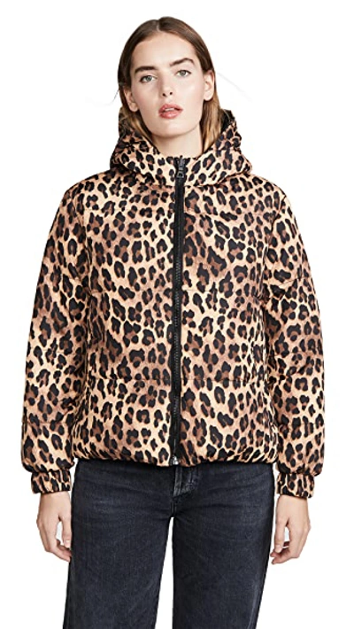 Shop Alice And Olivia Durham Pr Reversible Hooded Puffer Coat In Spotted Leopard Dark Tan/black