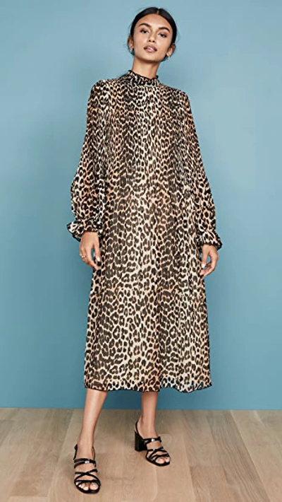 Ganni Leopard Print Sheer Georgette Long Sleeve Midi Dress | ModeSens