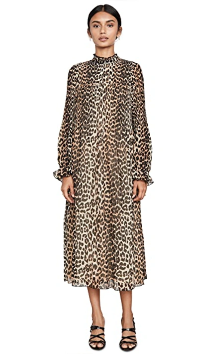 Shop Ganni Pleated Georgette Dress In Leopard