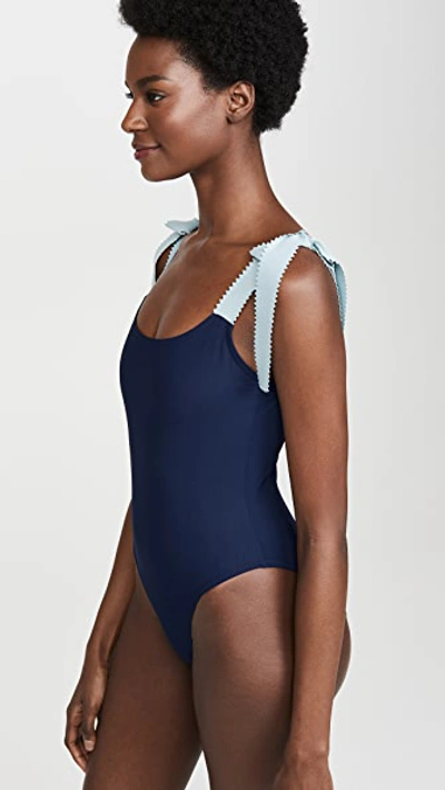 Shop Karla Colletto Giselle Round Neck One Piece Swimsuit In Navy/powder Blue