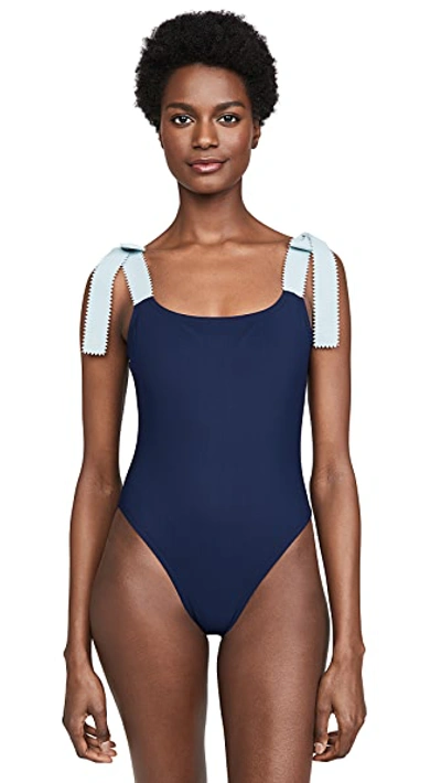 Shop Karla Colletto Giselle Round Neck One Piece Swimsuit In Navy/powder Blue