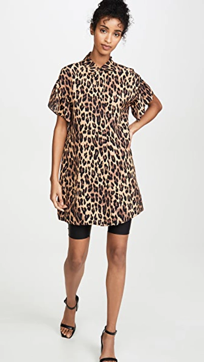 Shop Alice And Olivia Jude Ruffle Button Down Tunic Dress In Spotted Leopard Dark Tan