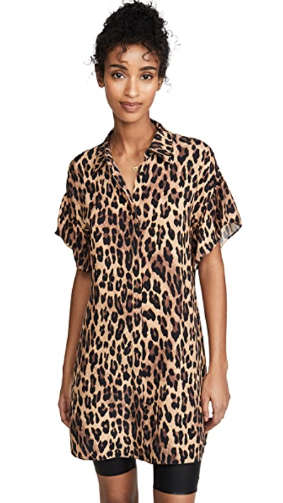 Shop Alice And Olivia Jude Ruffle Button Down Tunic Dress In Spotted Leopard Dark Tan
