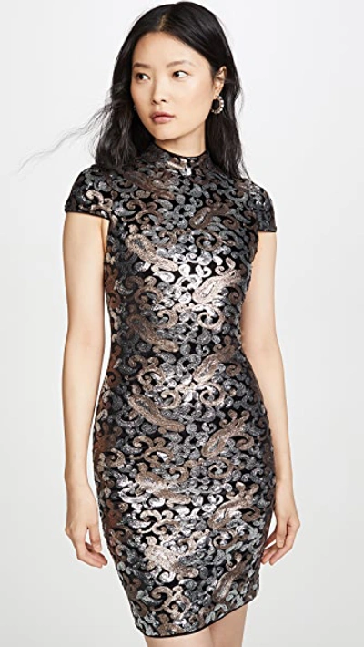 Shop Alice And Olivia Inka Strong Shoulder Midi Sequin Dress In Silver/bronze