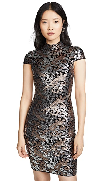 Shop Alice And Olivia Inka Strong Shoulder Midi Sequin Dress In Silver/bronze
