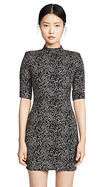 Shop Alice And Olivia Inka Strong Shoulder Mock Neck Dress In Black/silver