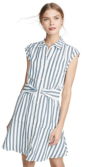 Shop Derek Lam 10 Crosby Sleeveless Shirtdress With Twist Waist Detail In White/blue