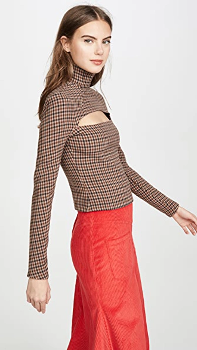 Shop A.w.a.k.e. Gingham Mailbox Turtleneck Top In Beige/brown