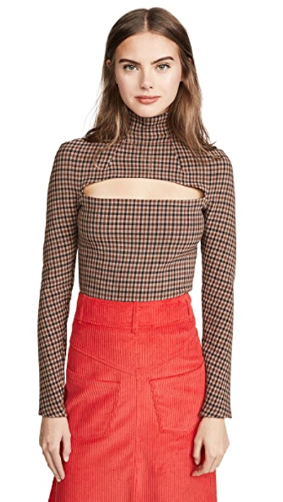 Shop A.w.a.k.e. Gingham Mailbox Turtleneck Top In Beige/brown