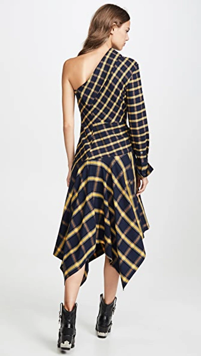 Shop Monse Asymmetrical Patchwork Dress In Midnight/yellow