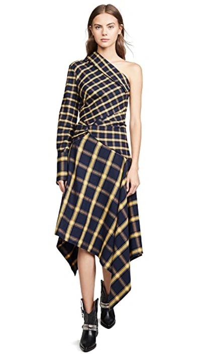 Shop Monse Asymmetrical Patchwork Dress In Midnight/yellow
