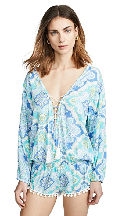 Shop Tiare Hawaii Kalani Romper In Mosaic Blue/teal/green