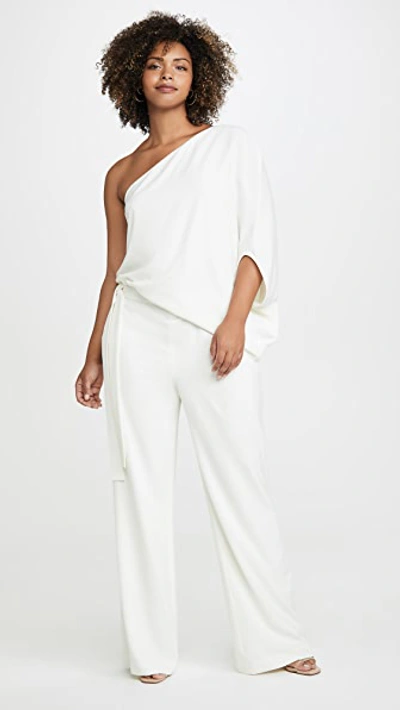 Halston Heritage One-shoulder Draped Wide-leg Jumpsuit In White | ModeSens