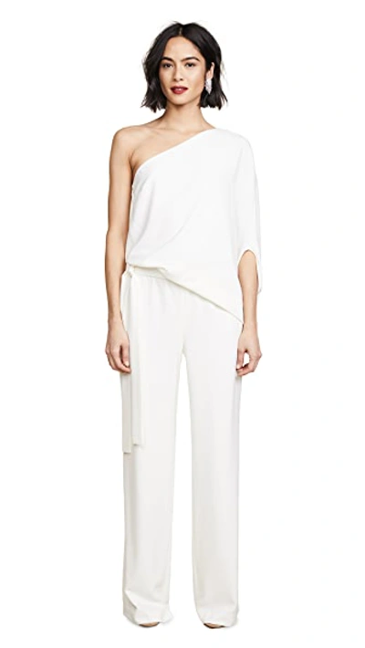Halston Heritage One-shoulder Draped Wide-leg Jumpsuit In White | ModeSens