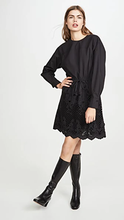 Shop See By Chloé Cinched Waist Dress With Poplin Detail In Black
