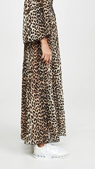 Shop Ganni Pleated Georgette Skirt In Leopard