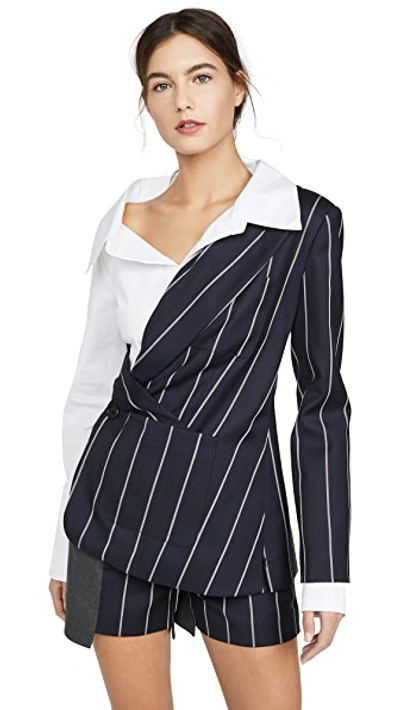 Shop Monse Pinstripe Blazer Poplin Combo Top In Midnight/ivory