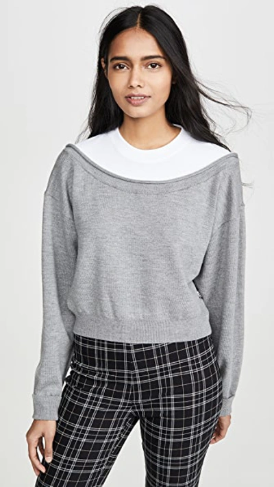 Shop Alexander Wang T Peelaway Bi-layer Cropped Pullover In Heather Grey/white