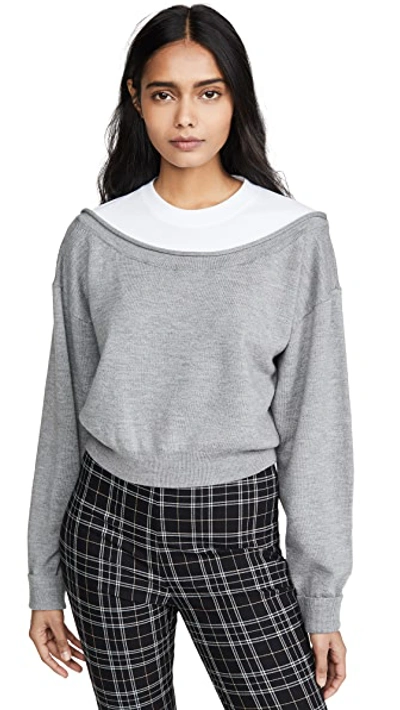 Shop Alexander Wang T Peelaway Bi-layer Cropped Pullover In Heather Grey/white