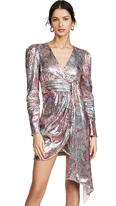 Shop Prabal Gurung V Neck Long Sleeve Dress With Puff Sleeves In Blush Multi